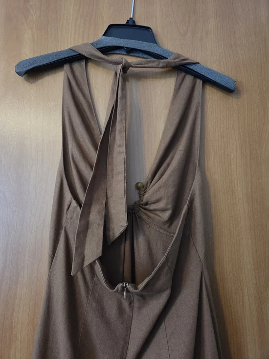 ZARA Black Label Taupe Backless Maxi Dress with Knotted Front Halter Size M - Picture 10 of 10